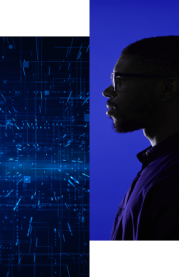 A man in profile, wearing glasses, faces a digital blue background with abstract circuitry patterns—symbolizing technology, human connection, and how we help organizations’ directory infrastructure with tools for directory enhancement and migration.