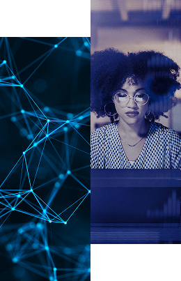 A split image shows on the left a digital blue network of connected nodes and lines, and on the right a woman with glasses and curly hair focused on a computer screen—highlighting how automated tools optimize user access audit and compliance.