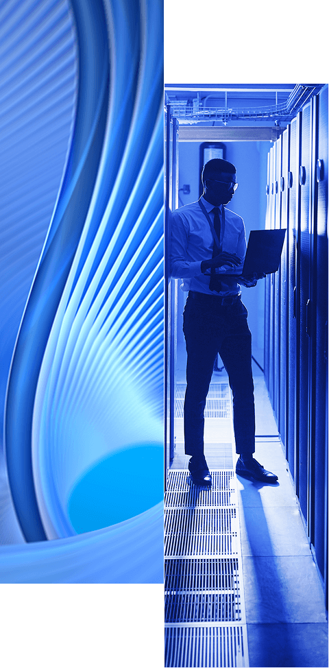 A split image: the left side shows abstract blue curved lines, while the right shows a person in a server room with a laptop. Learn more about how we help organizations’ identity-first security approach.