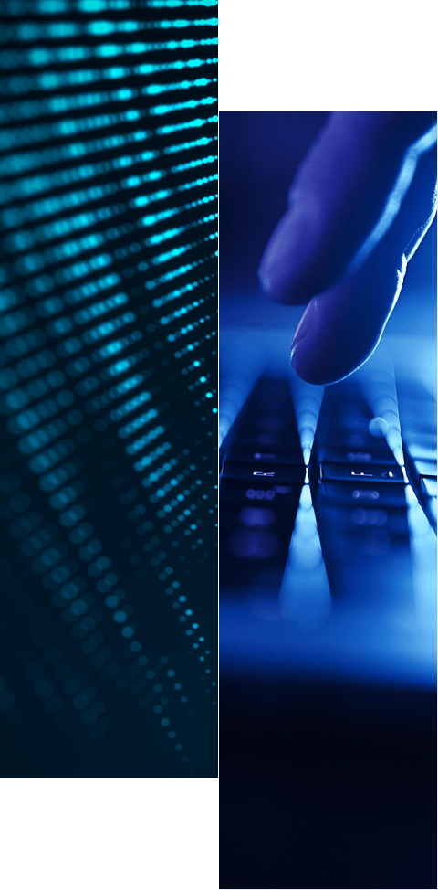 Close-up split image: left side shows glowing blue code or data lines, right side shows a person’s finger about to press a key—both with a blue-tinted, digital theme. Learn more about how we help organizations’ identity-first security approach.