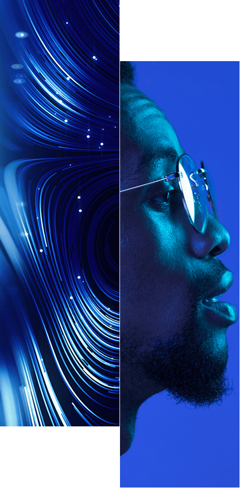 A split image: the left side features swirling blue abstract lines with glowing white dots; the right shows a man's face in profile, wearing glasses, illuminated by blue light. Learn more about how we help organizations’ identity-first security approach.