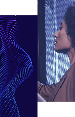 RadiantLogic-Customer Experience-Every Interaction A split image: the left side shows flowing blue abstract lines on a dark background; the right side features a woman in profile with short dark hair, thoughtfully gazing toward the abstract design, symbolizing Radiant Logic Customer Experience.