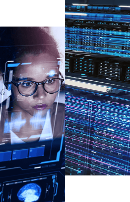 RadiantLogic-Customer Experience-Your Dedicated CX A woman wearing glasses looks at digital screens displaying data and brain imagery, exemplifying the Radiant Logic Customer Experience, while computer servers with glowing blue lights are visible beside her.