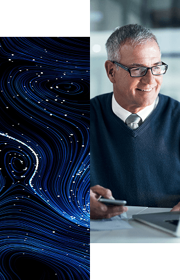 A smiling older man with glasses sits at a desk holding a phone, next to a laptop. The left half of the image features swirling blue digital lines, highlighting RadiantOne Deployment Options with glowing dots on a black background.