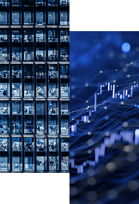 A split image showing a modern office building with people working inside on the left, and a digital financial graph with rising data lines on the right, symbolizing business, finance, and identity for financial services.