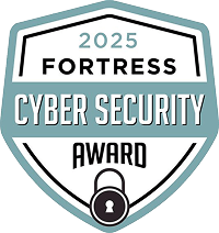 A shield-shaped badge with 2025 Fortress Cyber Security Award and Radiant Logic Awards written on it, featuring a padlock icon at the bottom. The design uses teal, black, and white colors.