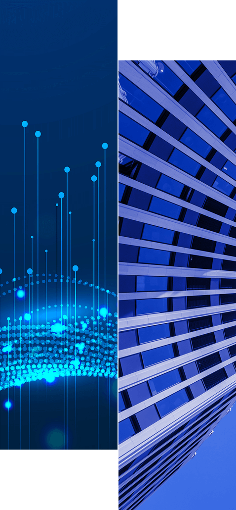 Abstract digital illustration split in half: the left side shows blue glowing dots connected by vertical lines on a dark background, while the right highlights a modern glass building—learn more about how our identity data platform improves governance and compliance.
