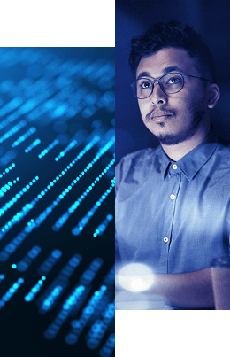 A man wearing glasses and a collared shirt looks thoughtfully at a screen, with blue digital code lines beside him—symbolizing technology, programming, and how our identity data platform improves governance and compliance.