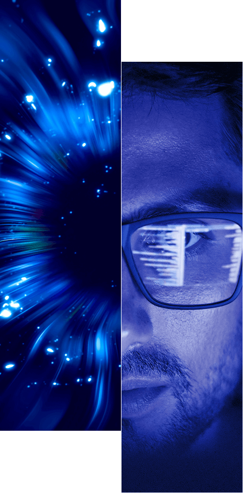 Split image: left side shows blue digital light streaks, right side shows a man’s face in blue light, glasses reflecting computer code—symbolizing technology and data analysis. Learn more about how our identity data platform improves governance and compliance.