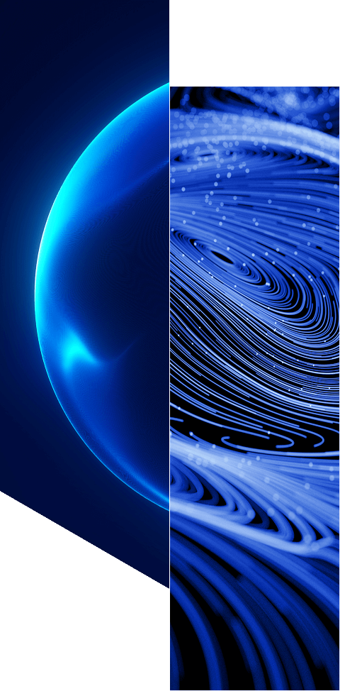 A split image: the left side shows a glowing blue planet against a dark background, while the right features swirling blue and white lines—visualizing how our identity data platform improves governance and compliance. Learn more.