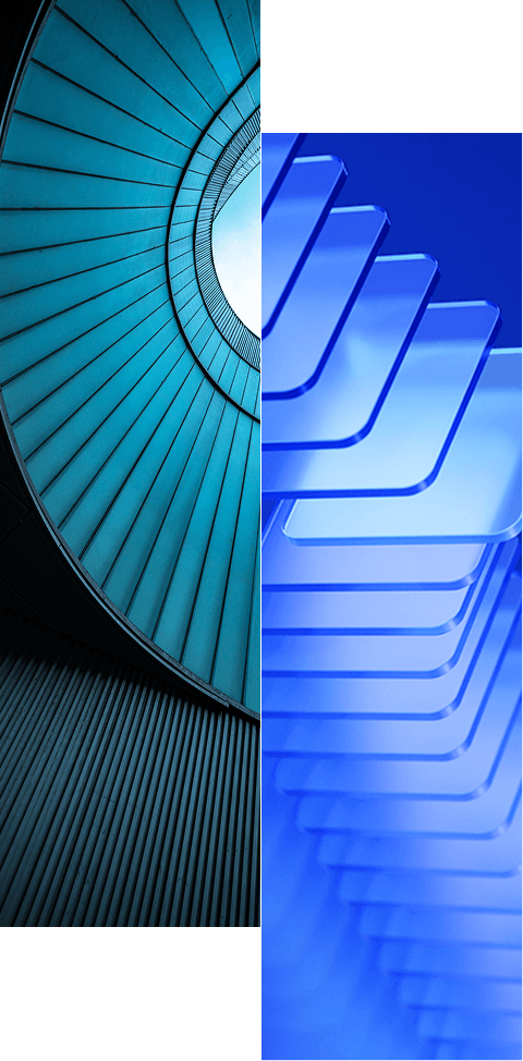 Abstract image split vertically: the left half shows a spiral blue staircase viewed from below; the right half features layered translucent blue rectangles—modern geometry that echoes how our identity data platform improves governance and compliance.