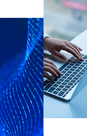 A split image displaying digital blue wave lines on the left and a person’s hands typing on a laptop keyboard on the right, representing RadiantOne Identity Analytics in action.