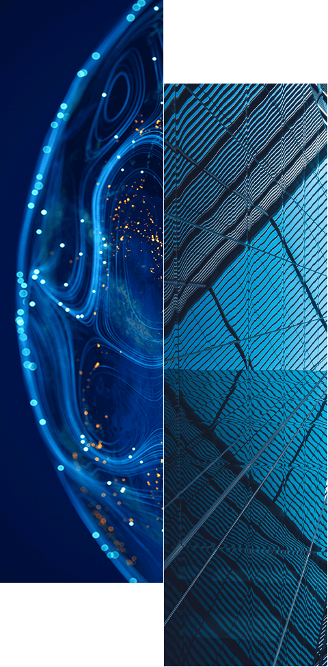 Abstract image split vertically; left features a glowing blue network hinting at Identity Data Fabric, while the right displays geometric blue lines and reflections, evoking modern architecture and the benefits of an Identity Data Warehouse.