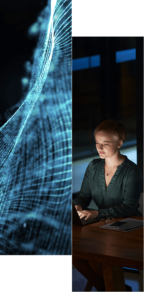 Split-image showing on the left a digital blue wave pattern, and on the right a person with short hair working on a laptop at a desk in a dimly lit room. Learn more about Identity Data Fabric and its benefits for secure and efficient data management.