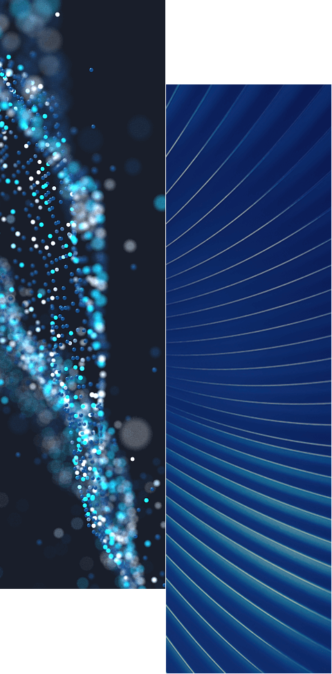 Split image: Left side shows glowing blue and white dots like flowing particles, representing Identity Data Fabric. Right side displays curved blue lines in a gradient, hinting at the seamless structure of an Identity Data Warehouse and its benefits.