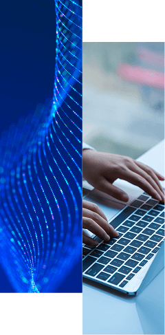 Split image: On the left, a digital blue wave pattern hints at seamless RadiantOne Identity Integrations; on the right, hands typing on a laptop keyboard by a window with a blurred outdoor view.