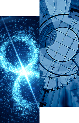 A split image: the left features a glowing blue infinity symbol made of particles, symbolizing identity observability, while the right shows the view up through a modern glass ceiling in a blue-toned building, evoking real-time risk mitigation.