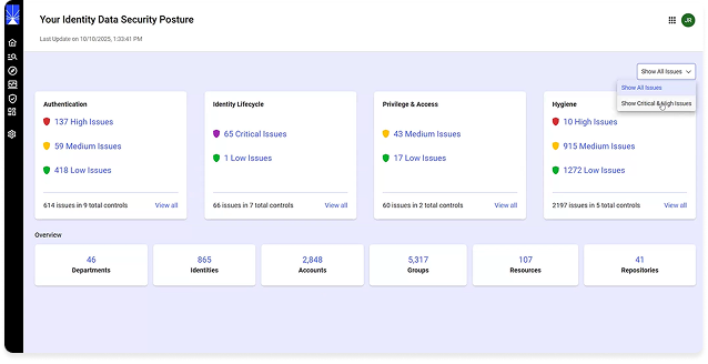 Screenshot of a dashboard addressing today’s challenges in securing identity, highlighting issue counts by category—Authentication, Identity Lifecycle, Privilege & Access, and Hygiene—with summary statistics and filters for issue severity.