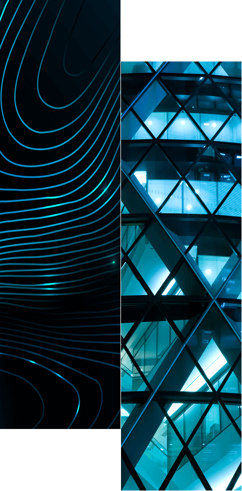 Split image: the left side features abstract glowing blue lines, while the right side displays a modern building facade—blue-tinted glass and metal framework—reflecting the innovation of Identity Solutions by Industry.