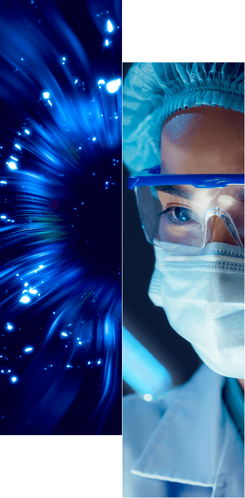 The image is split vertically: the left side features blue abstract light streaks representing technology, while the right highlights a medical professional—reflecting Identity Solutions by Industry in healthcare.