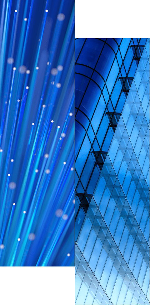 Split image: Left side shows glowing fiber optic cables in blue tones, while the right features the glass facade of a modern building—both representing Identity Solutions by Industry with cool blue hues and striking geometric lines.