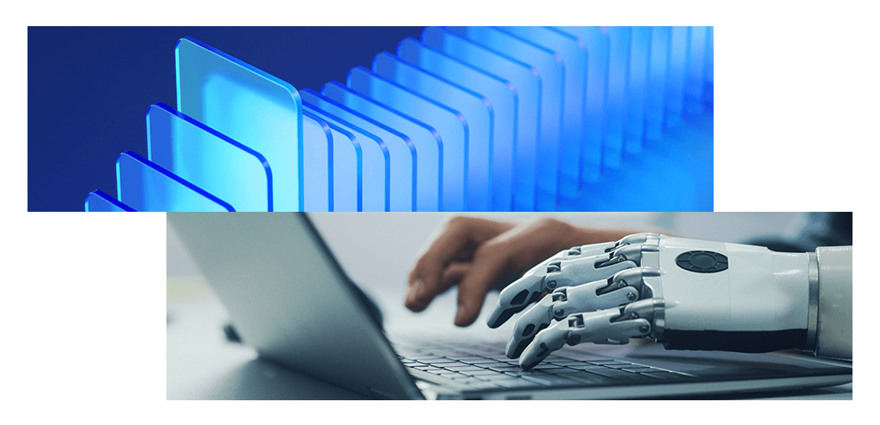 A robotic hand types on a laptop keyboard, and above it, a row of glowing, translucent blue digital cards or panels is shown, suggesting technology and artificial intelligence concepts.