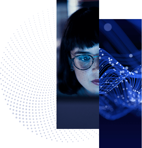 RadiantLogic-Mergers Acquisitions-Secure While You Integrate A person with glasses looks intently at a screen; the image is digitally edited with abstract blue wave patterns and dotted textures, hinting at technology or data analysis in the context of M&A identity integration.