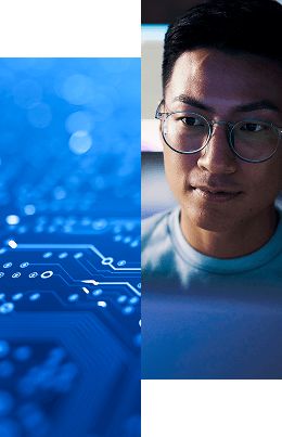 RadiantLogic-Modernize Identity Infrastructure-Challenge A split image showing a close-up of a blue computer circuit board on the left and a young man with glasses focused on a computer screen on the right. Learn more about how we drive organizations’ digital transformation efforts.