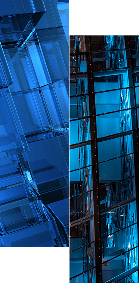 Abstract image split vertically: the left side features blue-tinted transparent geometric shapes, while the right shows reflective, grid-like glass panels—symbolizing how we drive organizations’ digital transformation efforts. Learn more about our innovative approach.