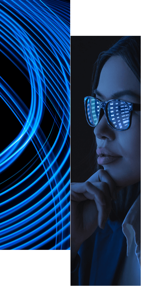 A person wearing glasses is shown on the right, with blue light patterns reflecting on the lenses. On the left, dynamic blue light trails curve across a black background—highlighting how we drive organizations’ digital transformation efforts.