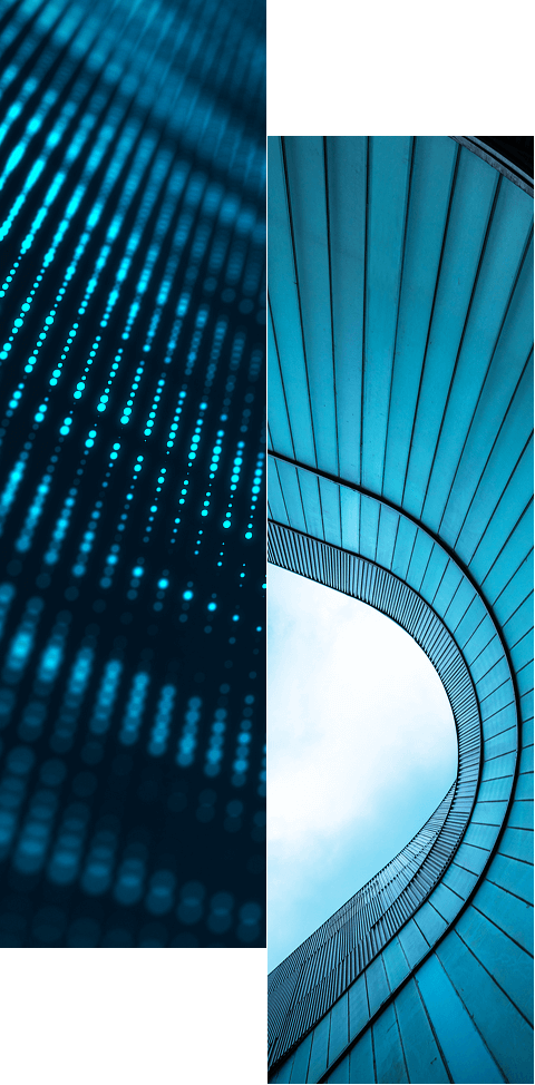 Split image with a left side showing blue digital dots in rows on a dark background, symbolizing non-human identity management, and a right side featuring an upward view of a modern, curved blue architectural structure against the sky.