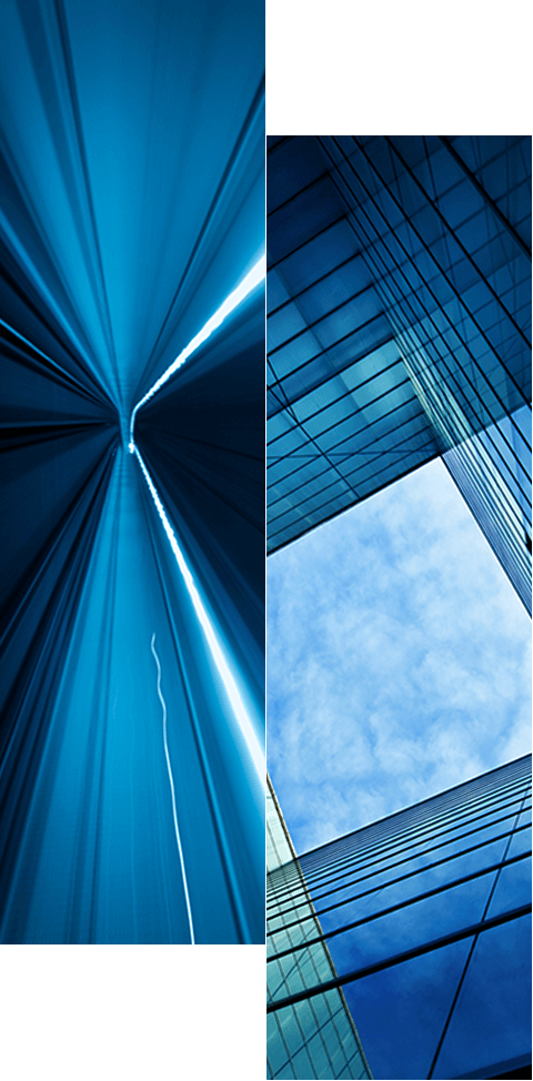 Split image: left side shows blue abstract light streaks in a tunnel effect, hinting at advanced non-human identity management; right side features tall glass skyscrapers framing a bright blue sky, evoking innovation and modern security.