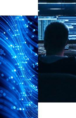 A person sits at a computer with code on the screen, next to an abstract image of blue digital lines and glowing points representing data or non-human identity management technology.