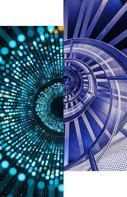 Split image: left side shows blue and yellow digital light dots radiating outward; right side features a blue spiral staircase viewed from above. Learn more about how we remove roadblocks, streamline processes, and eliminate ongoing maintenance needs.
