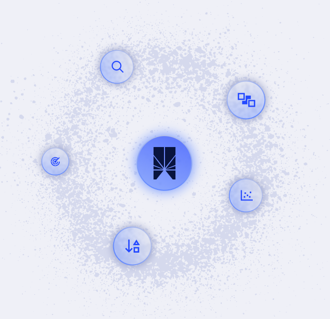 A central blue icon is surrounded by four circular icons—a magnifying glass, four squares, a chart, a target, and a downward arrow with dots—on a speckled light background. Learn more about how we remove roadblocks and streamline processes.