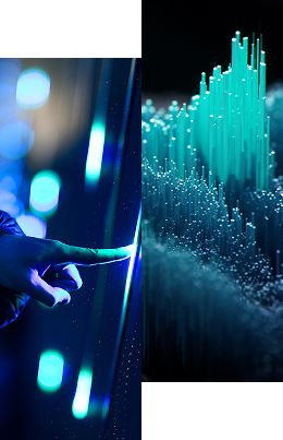 A hand touches a glowing blue touchscreen on the left, while on the right, neon blue fiber optic lights rise vertically in a dark, futuristic setting—learn more about how we remove roadblocks and streamline processes in such advanced environments.