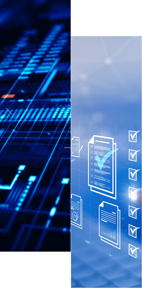 A split image: the left side shows abstract blue digital circuit lines, while the right displays digital documents with checkmarks and icons on a blue background, symbolizing real-time 360-degree visibility and data verification.
