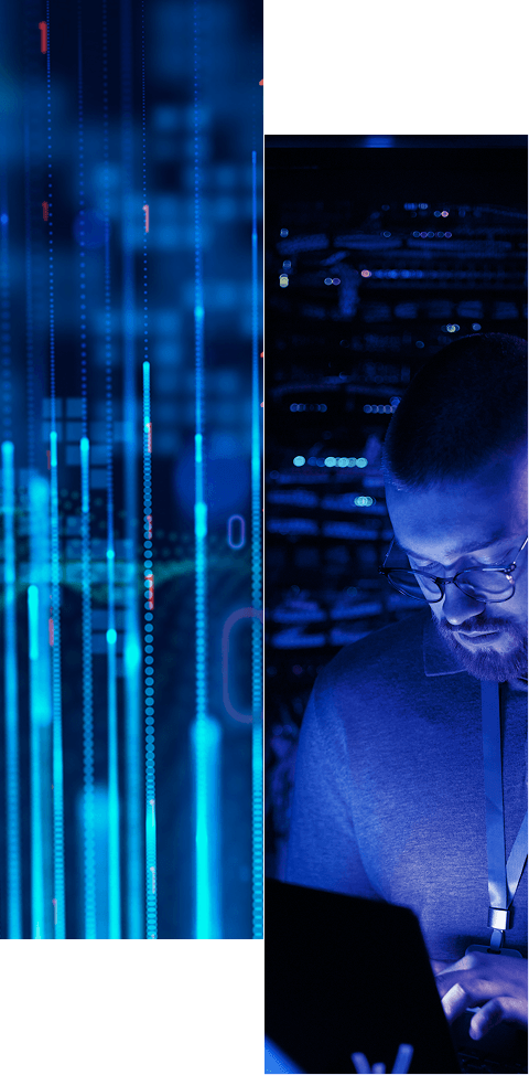 Split image: Left side shows abstract blue digital data lines and numbers; right side shows a person with glasses working on a laptop in a dim server room—capturing real-time context and 360-degree visibility.