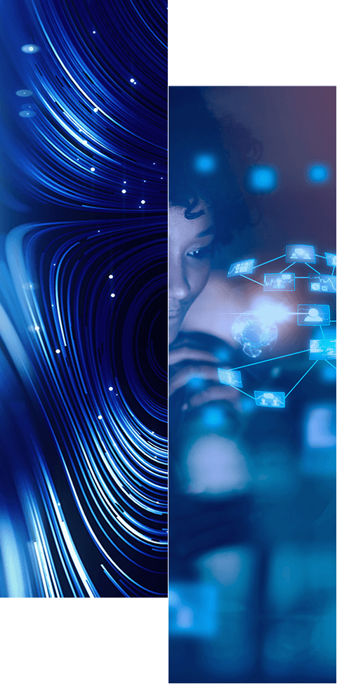 Abstract split image: left side features blue swirling lines and light streaks; right side shows a person looking at floating digital icons, suggesting real-time 360-degree visibility and data interaction in a modern tech context.