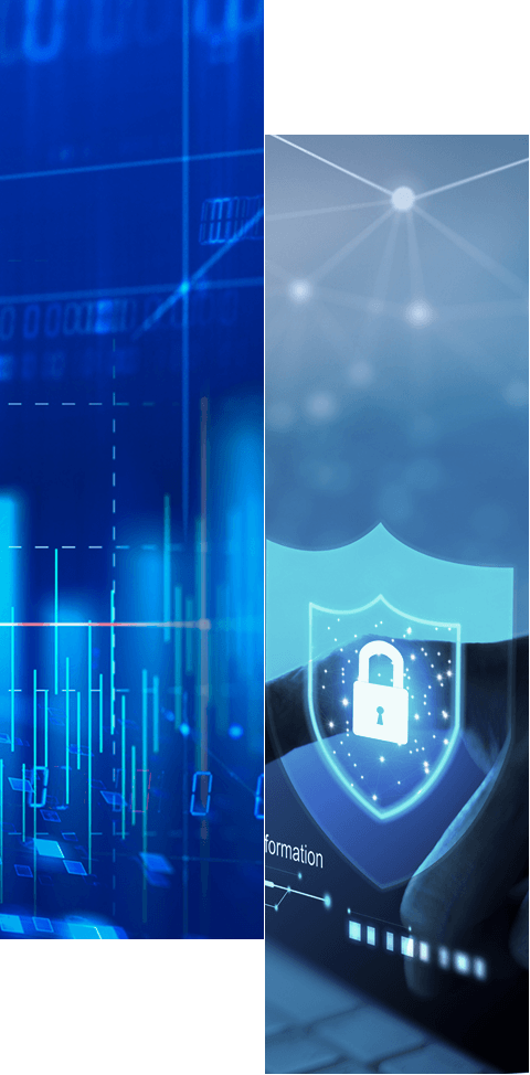 A split image: the left side shows blue digital graphs and data, while the right features a hand touching a virtual lock on a shield, representing real-time cybersecurity with 360-degree visibility and observability.