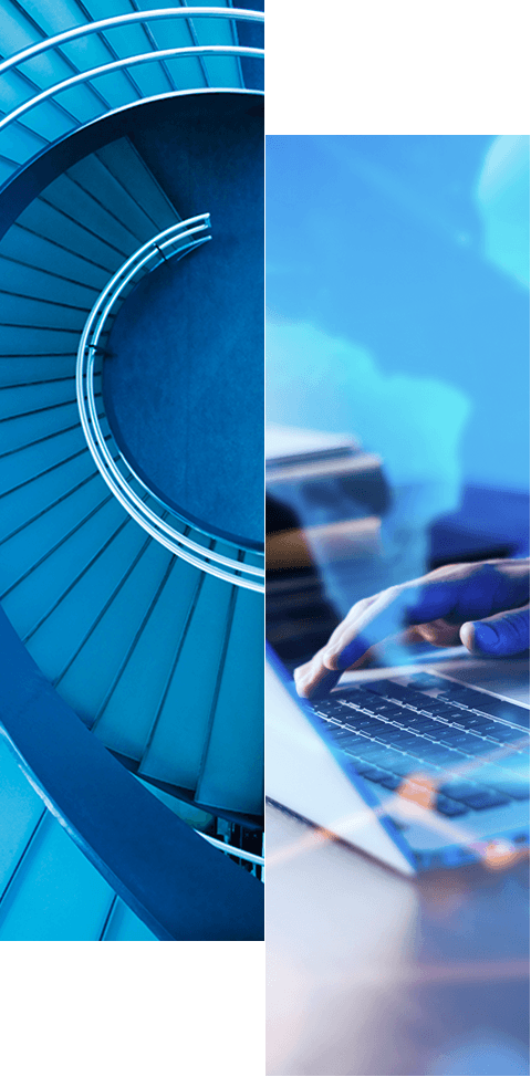 A split image: the left side shows a spiral staircase from above in blue tones, suggesting 360-degree visibility; the right side features hands typing on a laptop keyboard with a blue overlay.