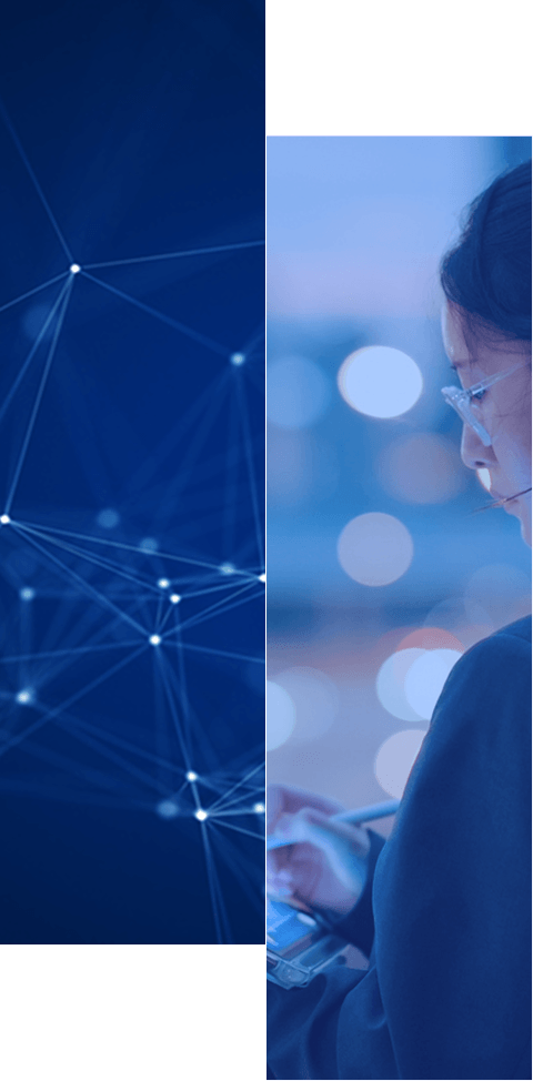 Split image: Left side shows abstract blue network lines and nodes, representing real-time visibility; right side shows a woman in glasses using a tablet with blurred city lights in the background, highlighting 360-degree observability.