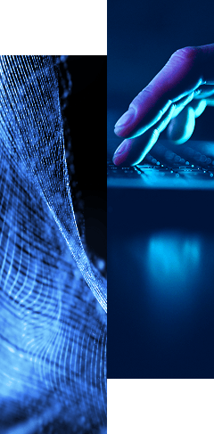 A collage with two sections: on the left, abstract blue digital waves evoke real-time context; on the right, a hand touches a keyboard above a glowing blue surface, highlighting 360-degree visibility and observability.