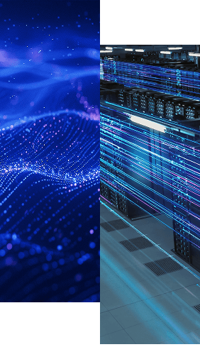 Split image: Left side shows a digital blue wave with light particles, symbolizing data or networks; right side shows servers in a data center with blue light trails, highlighting fast data transfer and the support of Radiant Logic Professional Services: The Support You Need to Succeed.