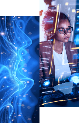 A woman wearing glasses looks at transparent digital screens with data, while abstract blue waves and light particles appear alongside her—highlighting technology, innovation, and the power of Radiant Logic Professional Services: The Support You Need to Succeed.