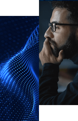 A man with glasses and a beard rests his chin on his hand, looking thoughtful. Beside him, a digital blue wave of glowing dots symbolizes technology—representing Radiant Logic Professional Services: The Support You Need to Succeed.