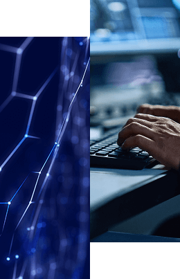 Close-up of hands typing on a keyboard, with a digital network pattern on the left, highlighting Radiant Logic Professional Services: The Support You Need to Succeed.