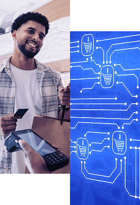 RadiantLogic-Retail-Environments A smiling man holds a shopping bag and a credit card, making a payment on a card reader; beside him is a digital graphic of shopping cart icons connected by circuit lines on a blue background, highlighting Retail Identity Solutions.