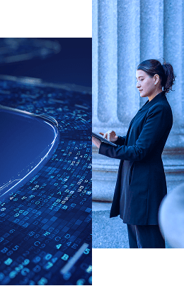 Split image: Left shows a digital circuit board with binary code; right shows a woman in professional attire using a tablet by a stone column. Learn more about how we help organizations simplify their access rights management with role mining.