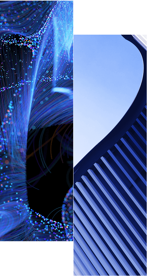Abstract image split vertically: left side shows blue and purple light trails with glowing dots on black; right side features curved blue architectural lines against a light blue sky. Learn more about how we help organizations simplify access rights management with role mining.